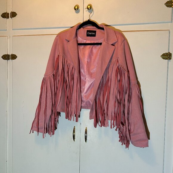 Chartou Women's Faux Suede Moto Biker Jacket Chic Cropped Tassel Fringe - Picture 4 of 11